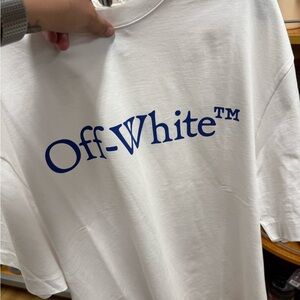 Off-White Tee with Blue Lettering